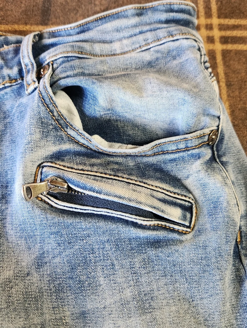 Kilogram Mens Moto Biker Jeans Light Wash Distressed Slim‎ Fit Blue Sz 34 Ribbed